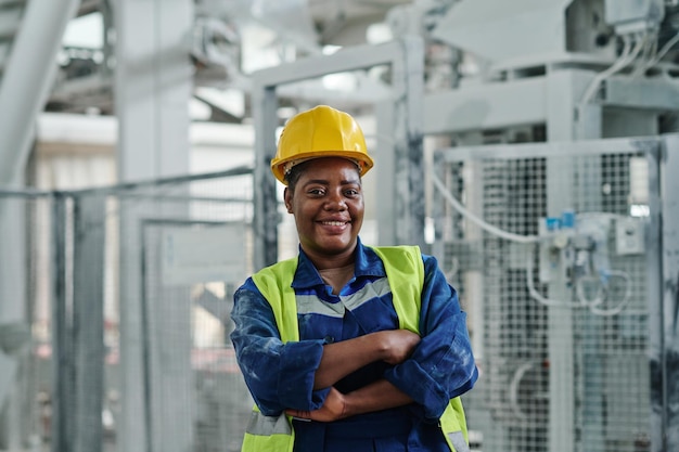 Young successful african american female worker of factory looking at you