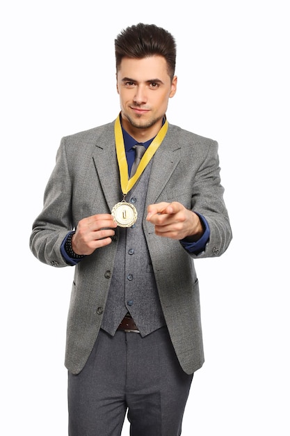 Young successful business man on a white background