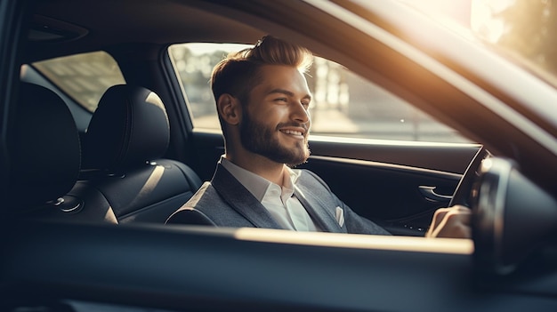 A young successful businessman driving a luxurious car with a big smile Generative AI