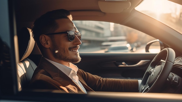 A young successful businessman driving a luxurious car with a big smile Generative AI