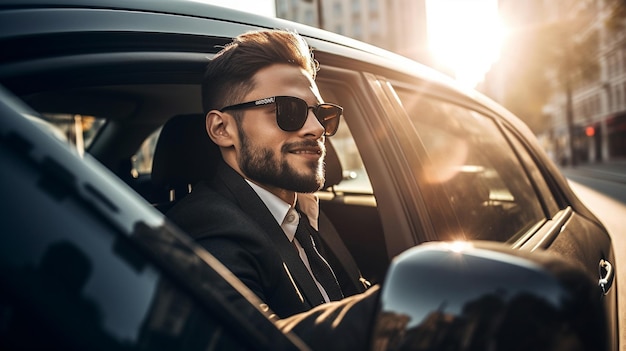 A young successful businessman driving a luxurious car with a big smile Generative AI