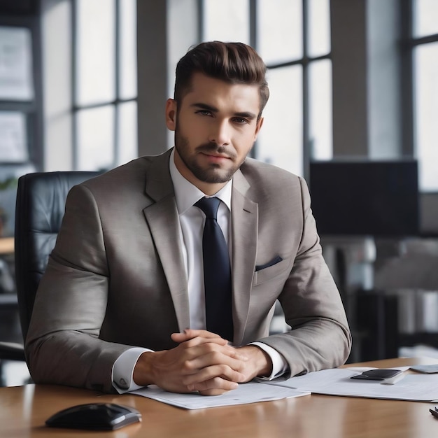 Young successful businessman sitting at workplace office background