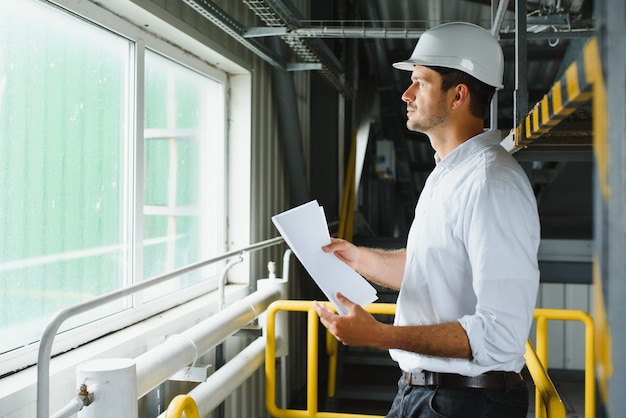 A young successful engineer with a drawing in his hands is standing in the territory of a modern factory