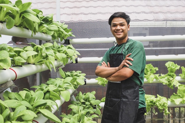 Young successful farmer confidently smile around vegetables hydroponics at greenhouse