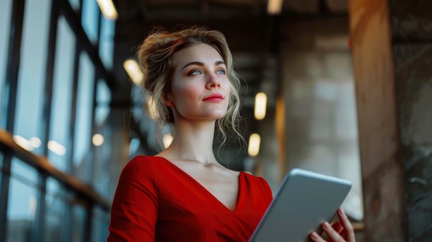 Young and successful female programmer in a red dress portrait of a female engineer with a tablet