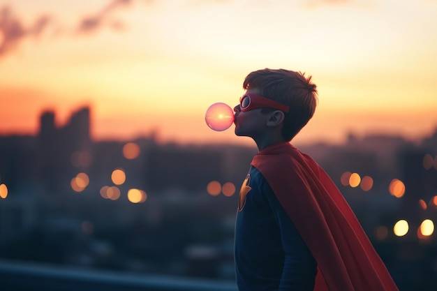 Photo a young superhero blows a bubble while standing on a rooftop the sunset creates a magical background this playful look captures childhood joy and imagination generative ai