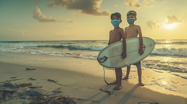 Young surfer kids with surf boards wear protective mask on sea beach Cancelled cruis Generative AI