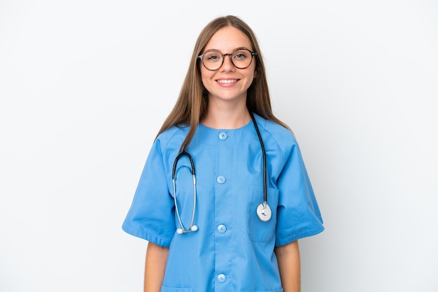 Young surgeon doctor Lithuanian woman isolated on white background with glasses and happy