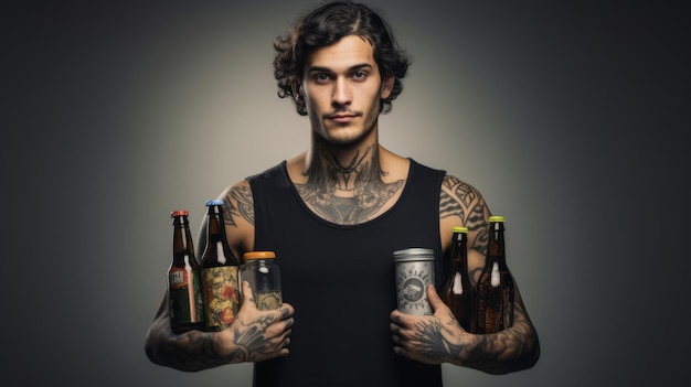 Photo young tattooed man holding up bottles of craft beer concept of beer tasting craft brewery alcohol variety and celebration dark background