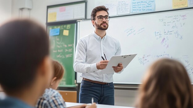 Photo young teacher by whiteboard in modern classroom