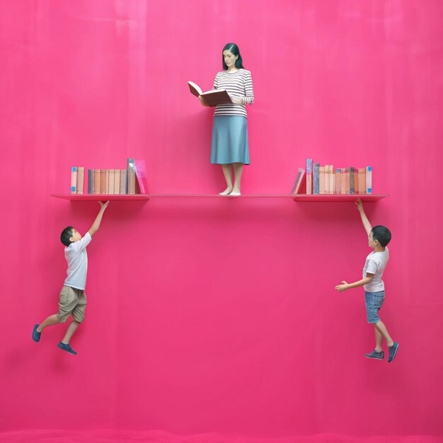 Young Teacher and Students with Floating Books