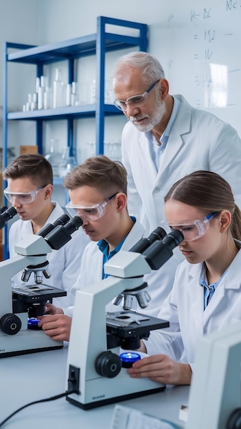 Photo young team of science researchers sitting behind a table using microscopes for medical pharmaceuti