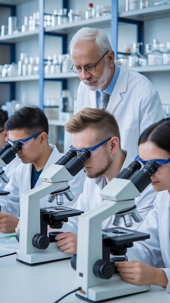 Photo young team of science researchers sitting behind a table using microscopes for medical pharmaceuti