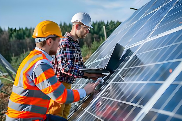 Young Technician Man And Colleague In Safety Uniform Checking Operation Of Sun And Photovoltaic Sol