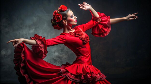 Photo young teenage woman in red dance suit with red carnations in her hair doing flamenco dance poses flamenco concept dance art typical spanish dance