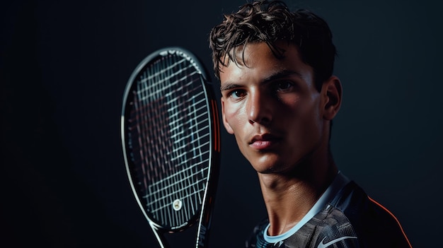 A young tennis player with a racket focused and ready