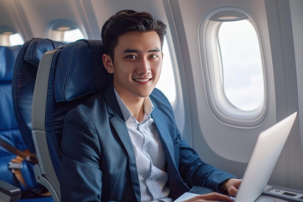 Young thai businessman working on a laptop inside the airplane during a business travel trip