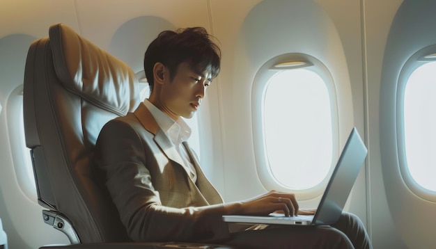 Young thai businessman working on laptop inside airplane during a productive business trip