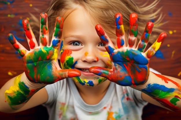 Young toddler boy wearing colorful paints on hands