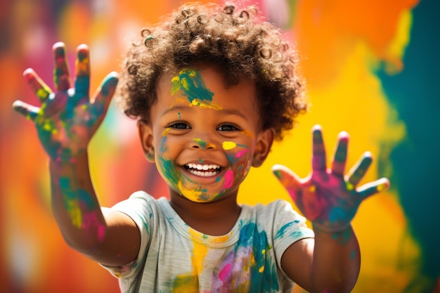 Young toddler boy wearing colorful paints on hands