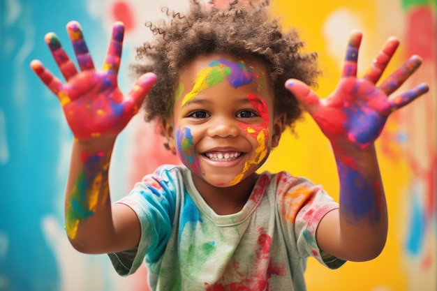 Young toddler boy wearing colorful paints on hands