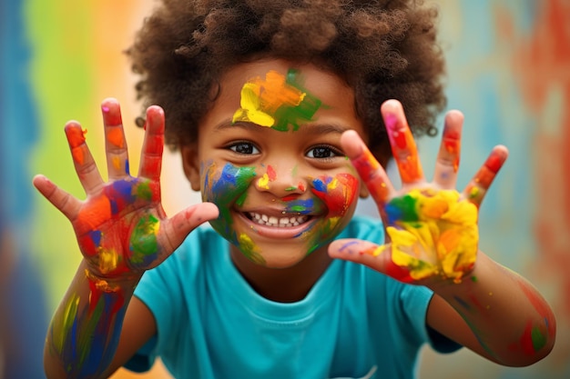 Young toddler boy wearing colorful paints on hands