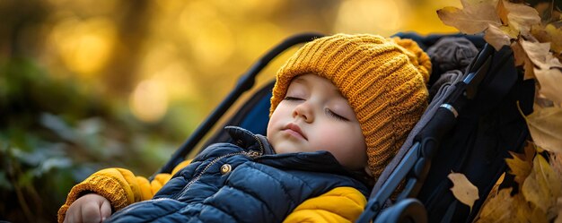 Photo young toddler peacefully napping in a stroller on a beautiful autumn day in the forest