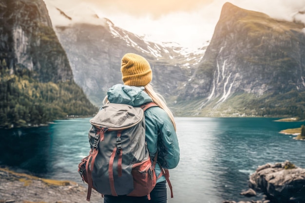 A young tourist girl with a backpack standing on the edge of a fjord gazing out at the breathtaking scenery AI generative