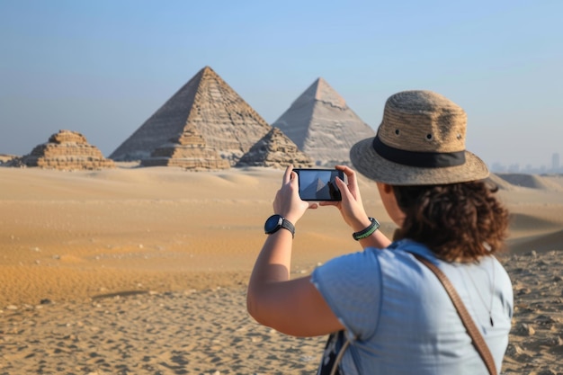 Photo young tourist taking a photo of the pyramids of giza while on vacation in egypt young tourist taking