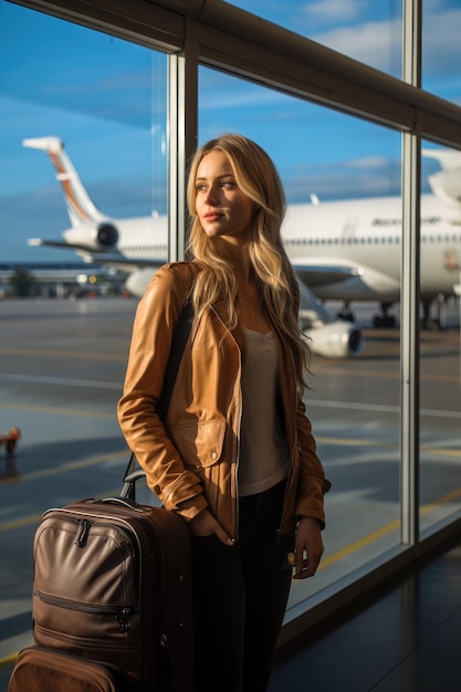 Young tourist woman holding suitcase and looking airplane in hall room at airport Traveling woman at airport window