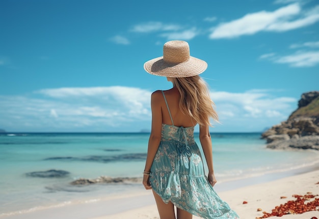 young tourist woman in summer dress and hat standing on beautiful sandy beach Cute girl enjoying