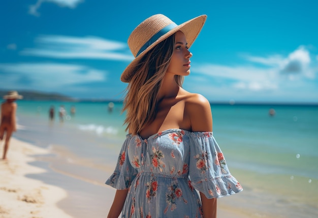 young tourist woman in summer dress and hat standing on beautiful sandy beach Cute girl enjoying