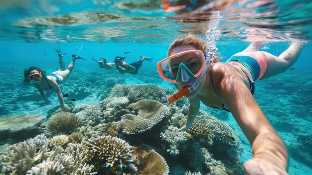 Young tourists swimming underwater in The Great Barrier Reef