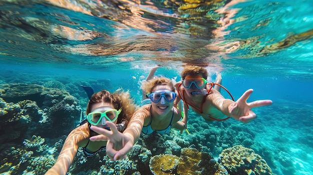 Young tourists swimming underwater in The Great Barrier Reef