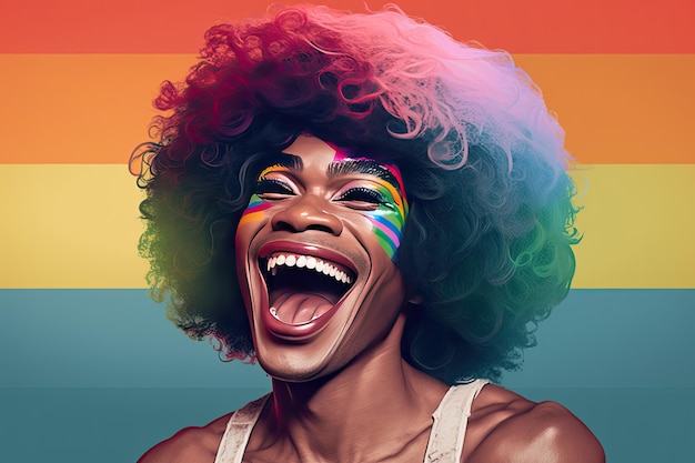 Young transgender person laughing with colorful flag on the background Generative AI