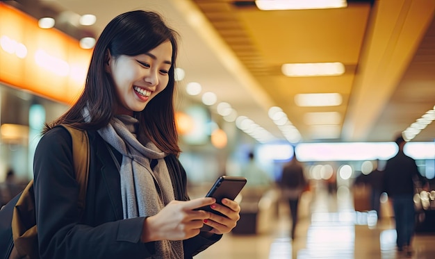 Young traveler focused on smartphone amidst the lively airport atmosphere AI generative