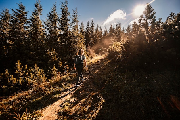 Photo young traveler hiking girl with backpacks hiking in mountains hill sivy vrch and rocks called radove skaly in western tatras slovakia western tatras in slovakia mountain landscape