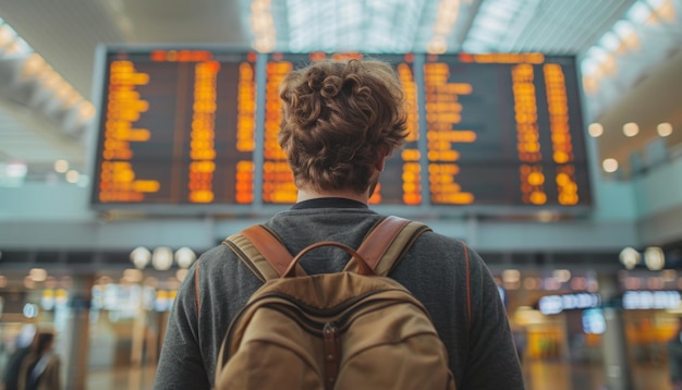 Photo young traveler looking at airport timetable display panel checking flight boarding information