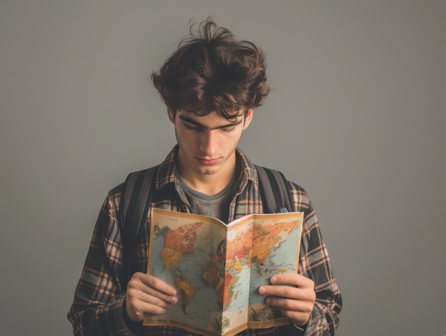 Young Traveler Reading Map Against Gray Background for Adventure Planning