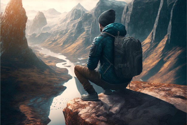 Young traveler sits on a rock that overhangs the abyss with a beautiful landscape