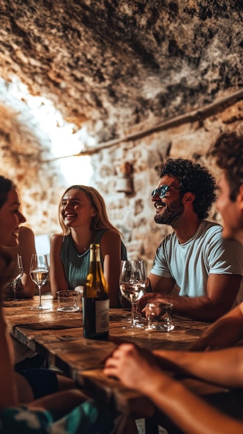 Young travelers savor various wines while engaging with fellow guests in a rustic setting