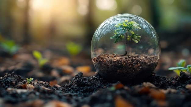 A young tree enclosed in a glass sphere on forest floor