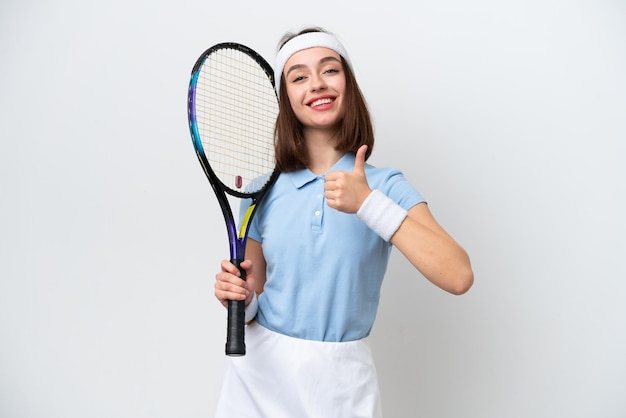 Young Ukrainian tennis player woman isolated on white background giving a thumbs up gesture