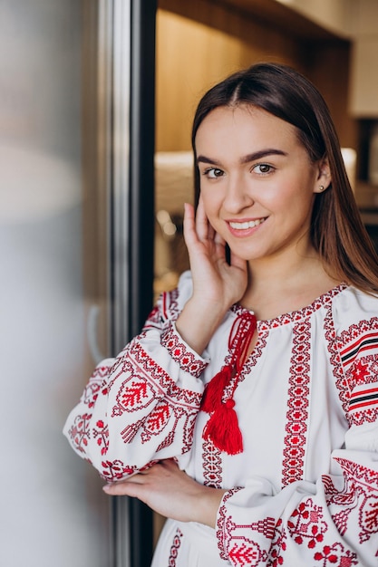 Young ukrainian woman in traditional vyshyvanka