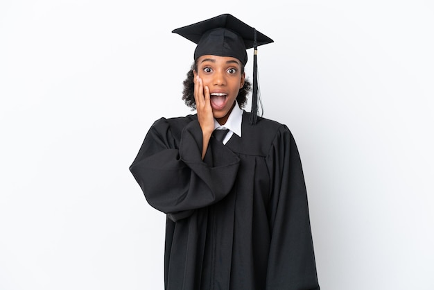 Young university graduate African American woman isolated on white background with surprise and shocked facial expression