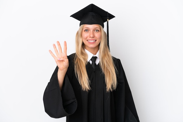 Young university graduate caucasian woman isolated on white background happy and counting four with fingers