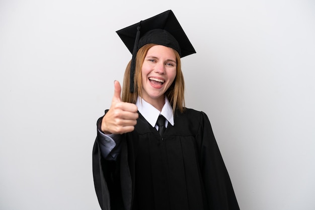 Young university graduate English woman isolated on white background with thumbs up because something good has happened