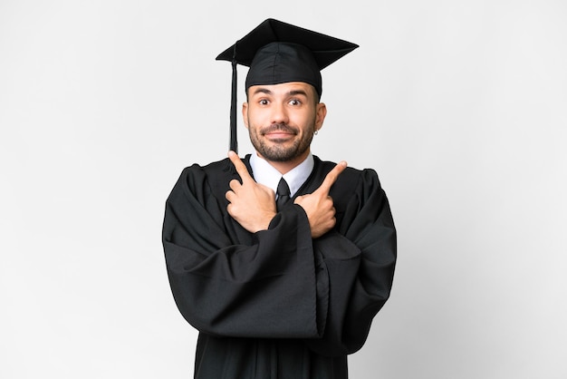 Young university graduate man over isolated white background pointing to the laterals having doubts