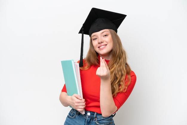 Young university graduate woman isolated on white background making money gesture