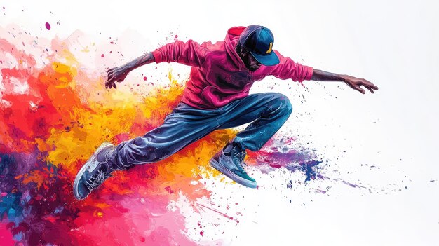 Young urban dancer is performing a jump in the air with a colorful city background